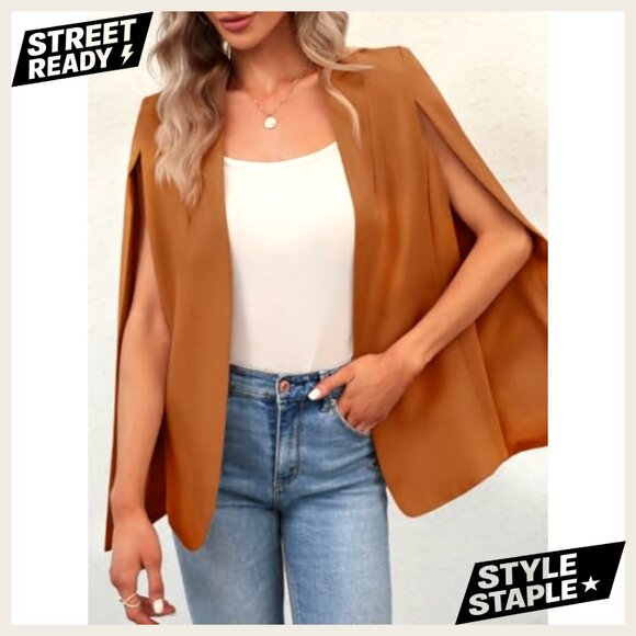 Cape Blazer Split Sleeve Open Front Jacket Polyester Spandex Work Casual - Picture 2 of 7